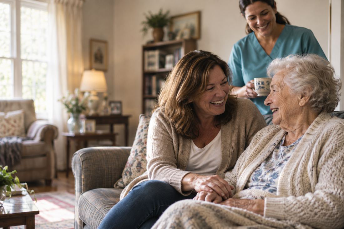 Caregiver with an older woman and her daughter at home