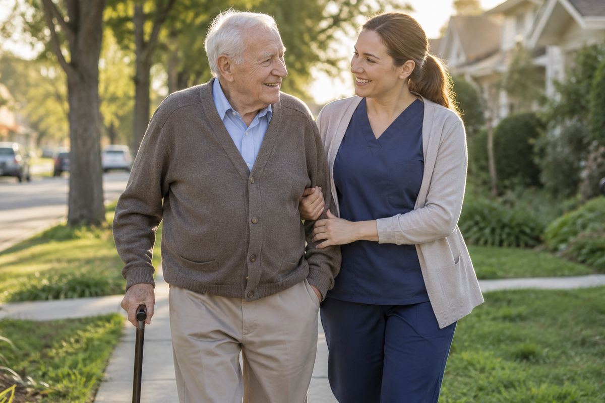 Caregiver walking arm in arm with older man on a tree-lined sidewalk, Kendall County caregivers supporting daily activity