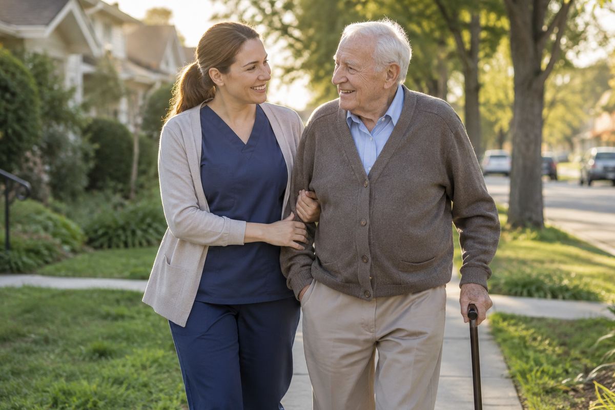Caregiver walking arm in arm with older man on a tree-lined sidewalk, in-home care in Canyon Lake