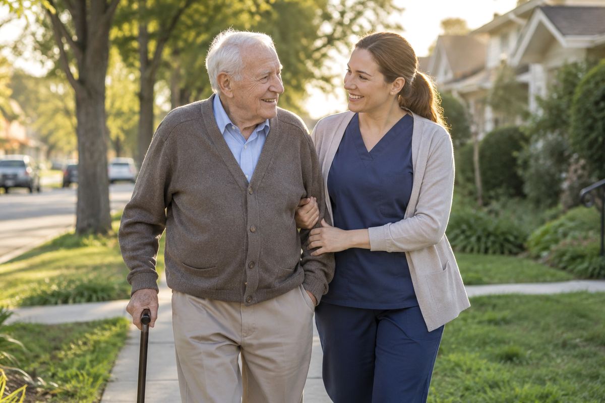 Caregiver walking arm in arm with an older man on a tree-lined sidewalk in Carson, California