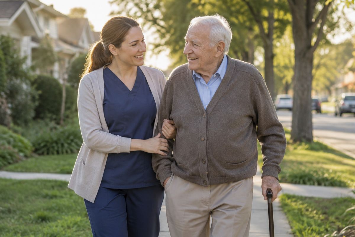 Caregiver walking arm in arm with older man on a tree-lined sidewalk, in-home care in Chandler