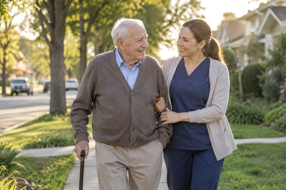 Caregiver walking arm in arm with older man on a tree-lined sidewalk, Guadalupe County caregivers supporting daily activity