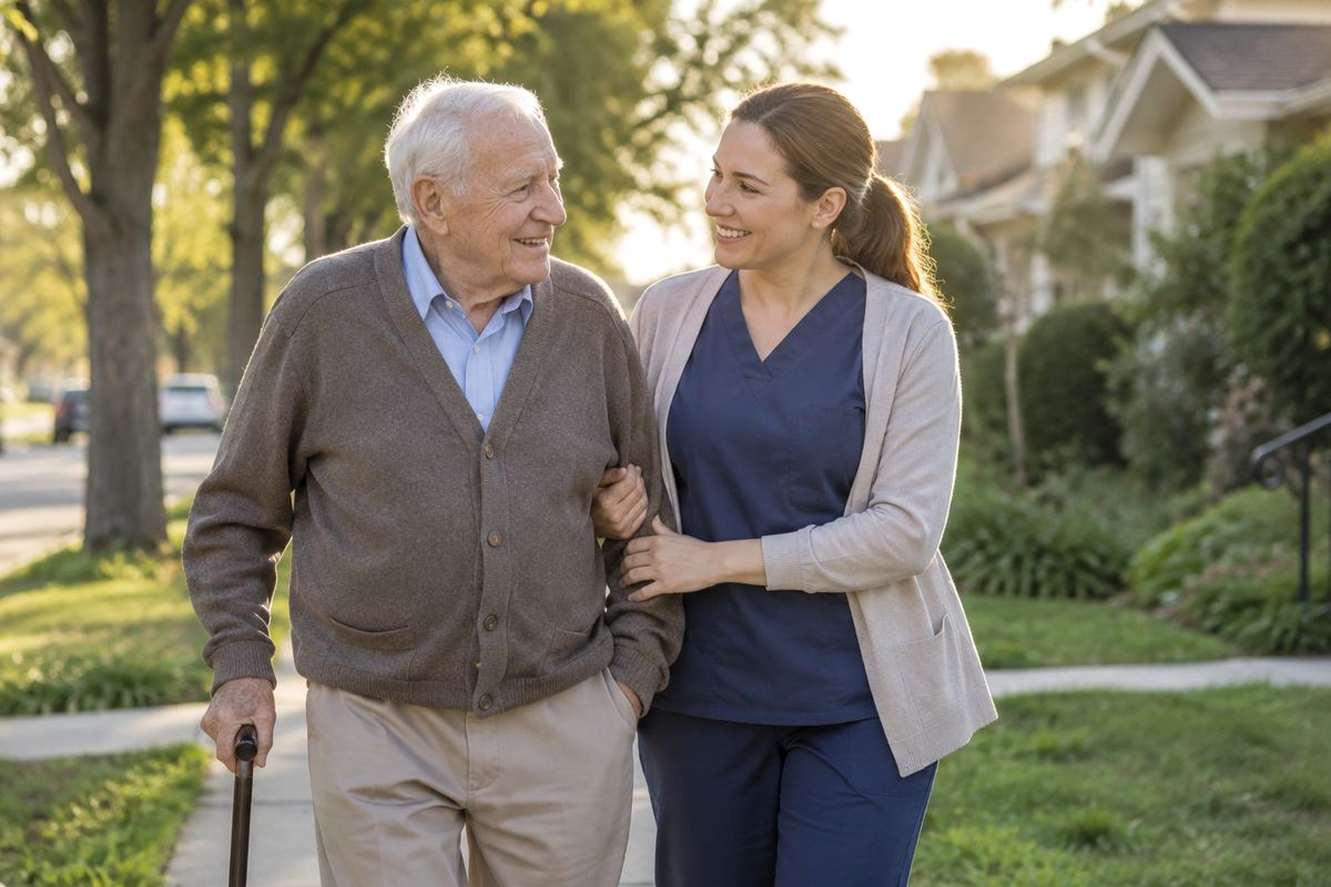Caregiver walking arm in arm with older man on a tree-lined sidewalk, Converse senior home care