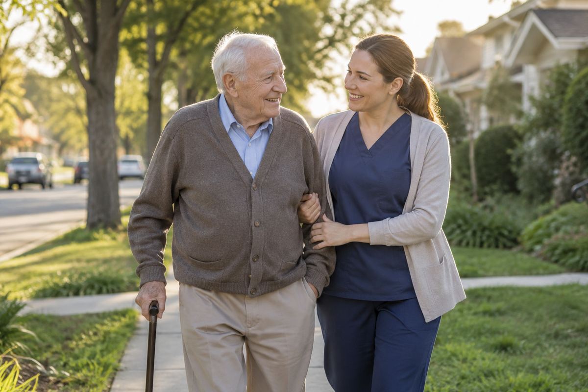Caregiver walking arm in arm with older man on a tree-lined sidewalk, senior home care Covina CA