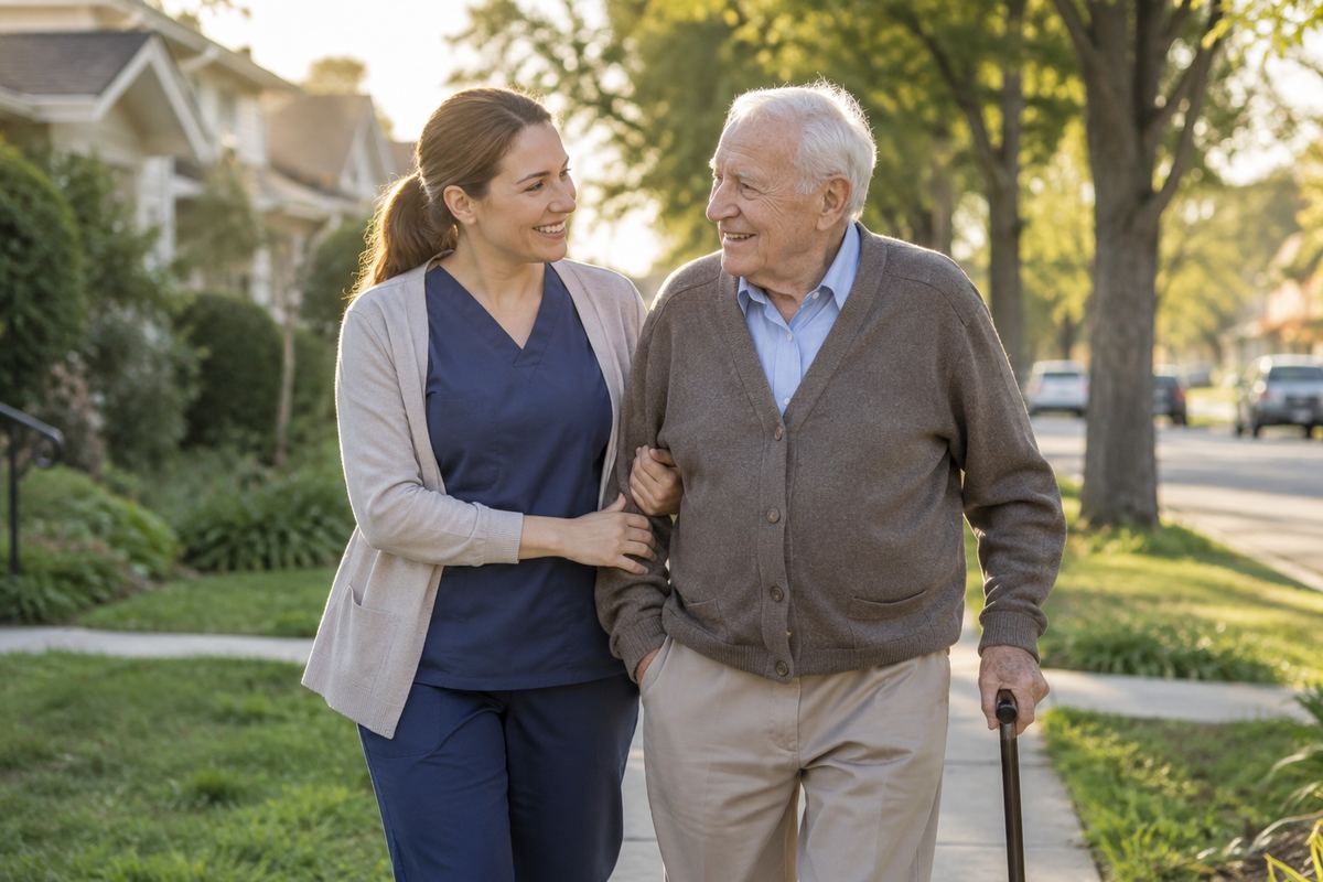 Caregiver walking arm in arm with an older man on a tree-lined sidewalk, part of elderly care locally