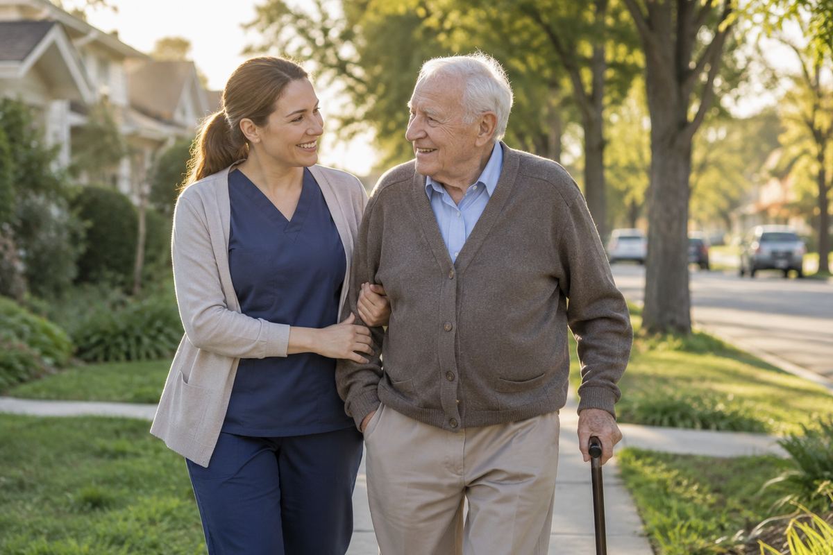 Caregiver walking arm in arm with older man on a tree-lined sidewalk, Hennepin County caregivers