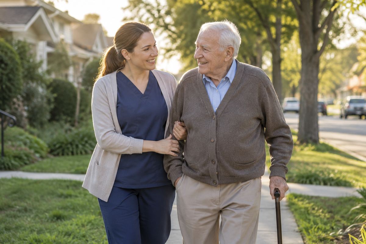 Caregiver walking arm in arm with older man on a tree-lined sidewalk, Los Angeles County caregivers in action