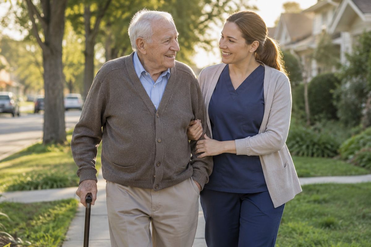 Caregiver walking arm in arm with older man on a tree-lined sidewalk, Wilson County caregivers providing daily support