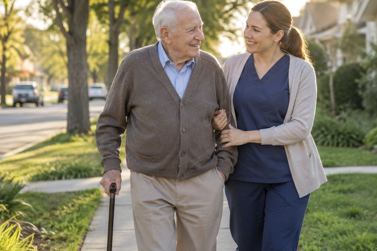 Caregiver walking arm in arm with older man on a tree-lined sidewalk, Los Angeles County caregivers supporting daily walks