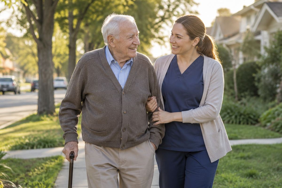 Caregiver walking arm in arm with older man on tree-lined sidewalk in Arizona