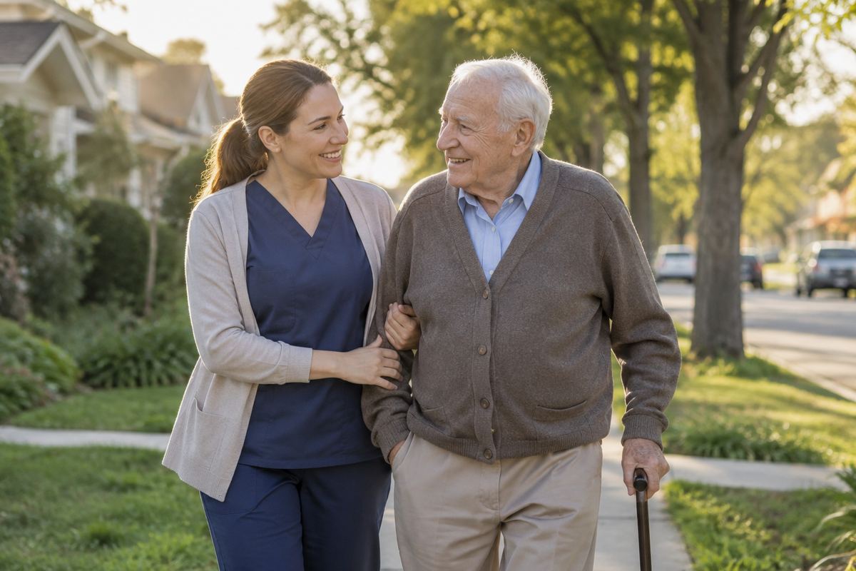 Caregiver walking arm in arm with older man on a tree-lined sidewalk, Los Angeles County caregivers