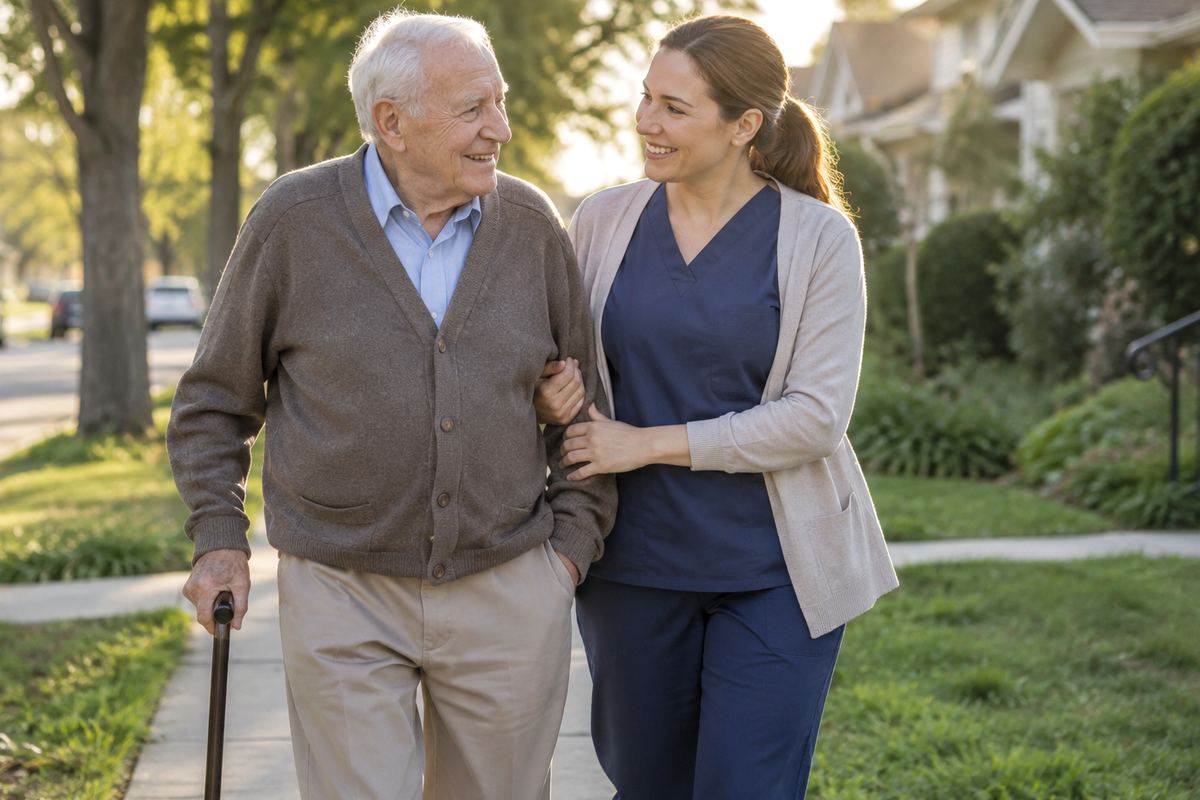 Caregiver walking arm in arm with older man on a tree-lined sidewalk, elderly care in Hawthorne, CA