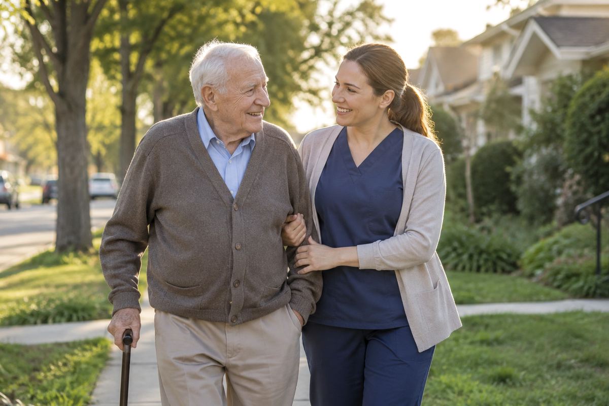 Caregiver walking arm in arm with older man on a tree-lined sidewalk, Helotes senior home care