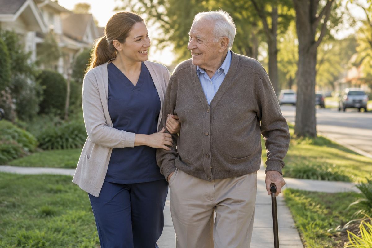 Caregiver walking arm in arm with older man on a tree-lined sidewalk, elderly care near Hermosa Beach