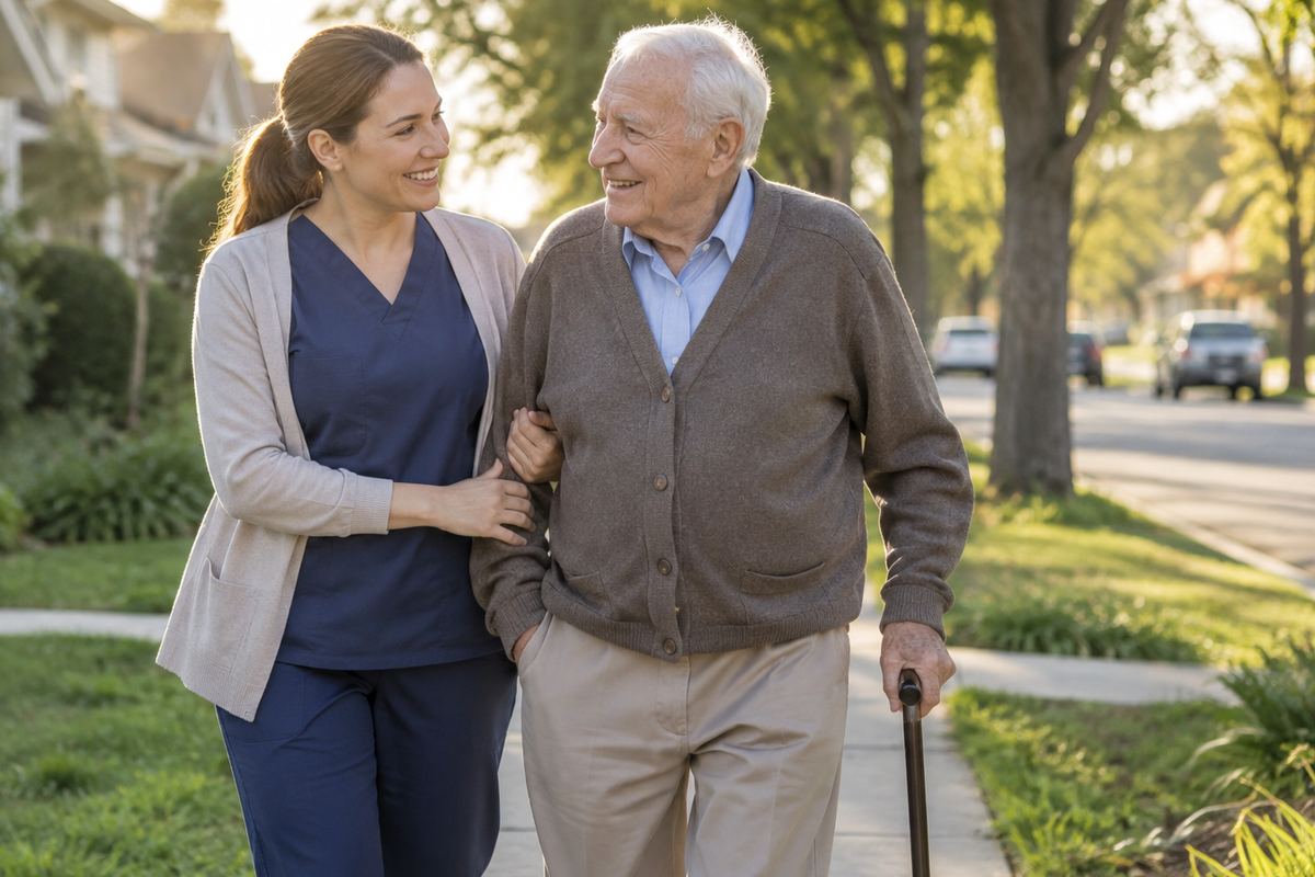 Caregiver walking arm in arm with older man, senior home care Hopkins MN