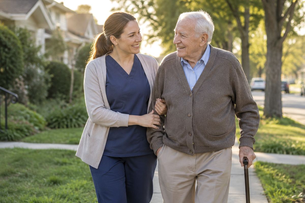 Caregiver walking arm in arm with older man on a tree-lined sidewalk, senior home care Houston TX