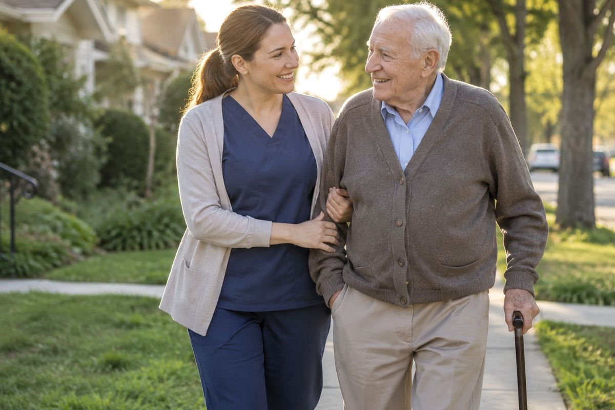 Caregiver walking arm in arm with older man on a tree-lined sidewalk near Humble during a daily routine