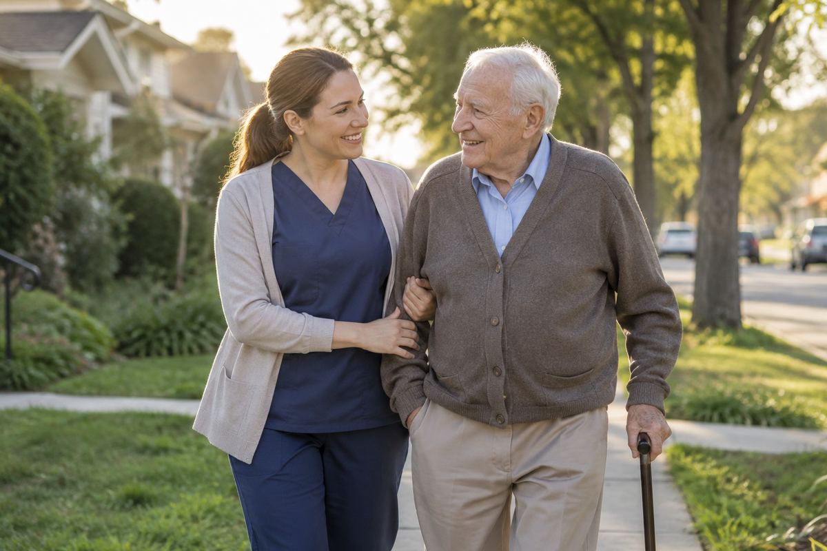 Caregiver walking arm in arm with older man, part of Harris County caregivers' daily routine