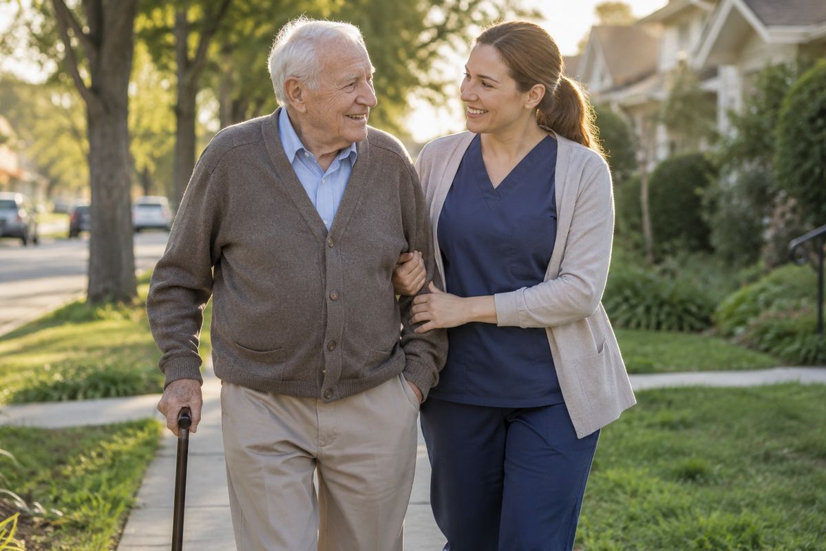 Caregiver walking arm in arm with older man on a tree-lined sidewalk, Los Angeles County caregivers in action