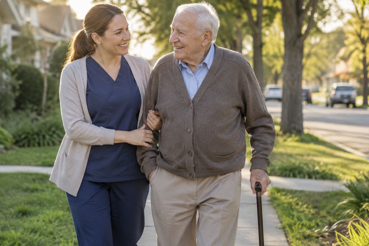 Caregiver walking arm in arm with older man on a tree-lined sidewalk, Los Angeles County caregivers