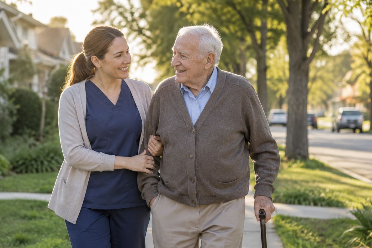 Caregiver walking arm in arm with older man on a tree-lined sidewalk, in-home care in Manhattan Beach