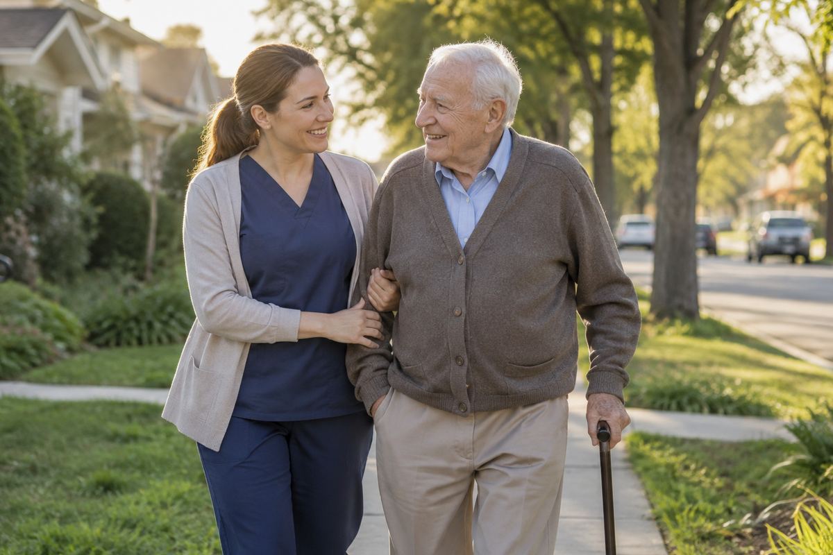 Caregiver walking arm in arm with older man on tree-lined sidewalk, Maricopa County caregivers