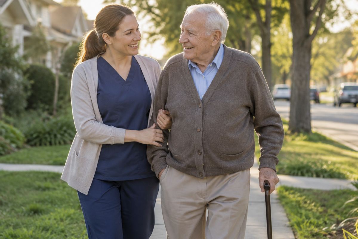 Caregiver walking arm in arm with older man on a tree-lined sidewalk in Minnesota