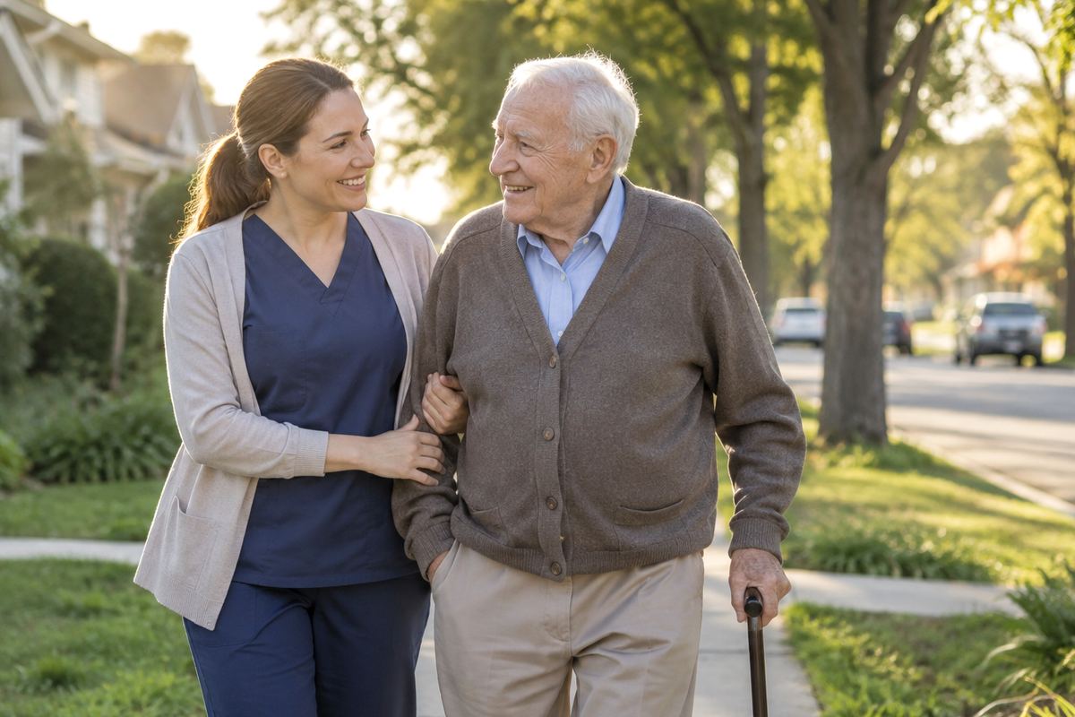Caregiver walking arm in arm with older man, Hennepin County caregivers supporting local seniors