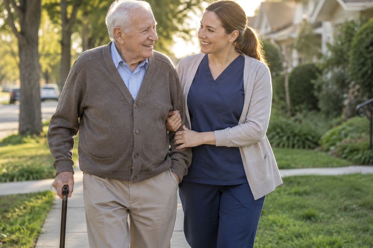 Caregiver walking arm in arm with an older man on a tree-lined sidewalk, elderly care in New Braunfels