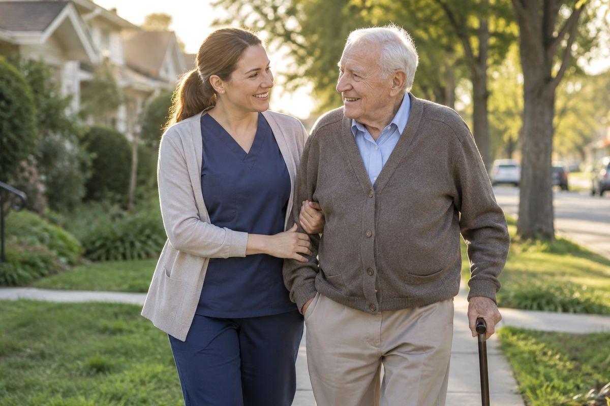 Caregiver walking arm in arm with older man on a tree-lined sidewalk, Los Angeles County caregivers assisting a senior