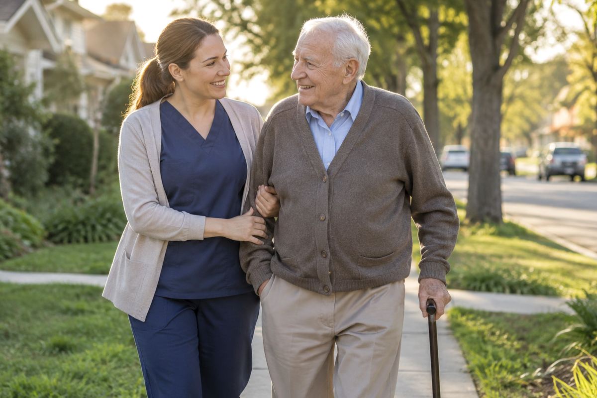 Caregiver walking arm in arm with older man, part of Maricopa County caregivers' daily routine