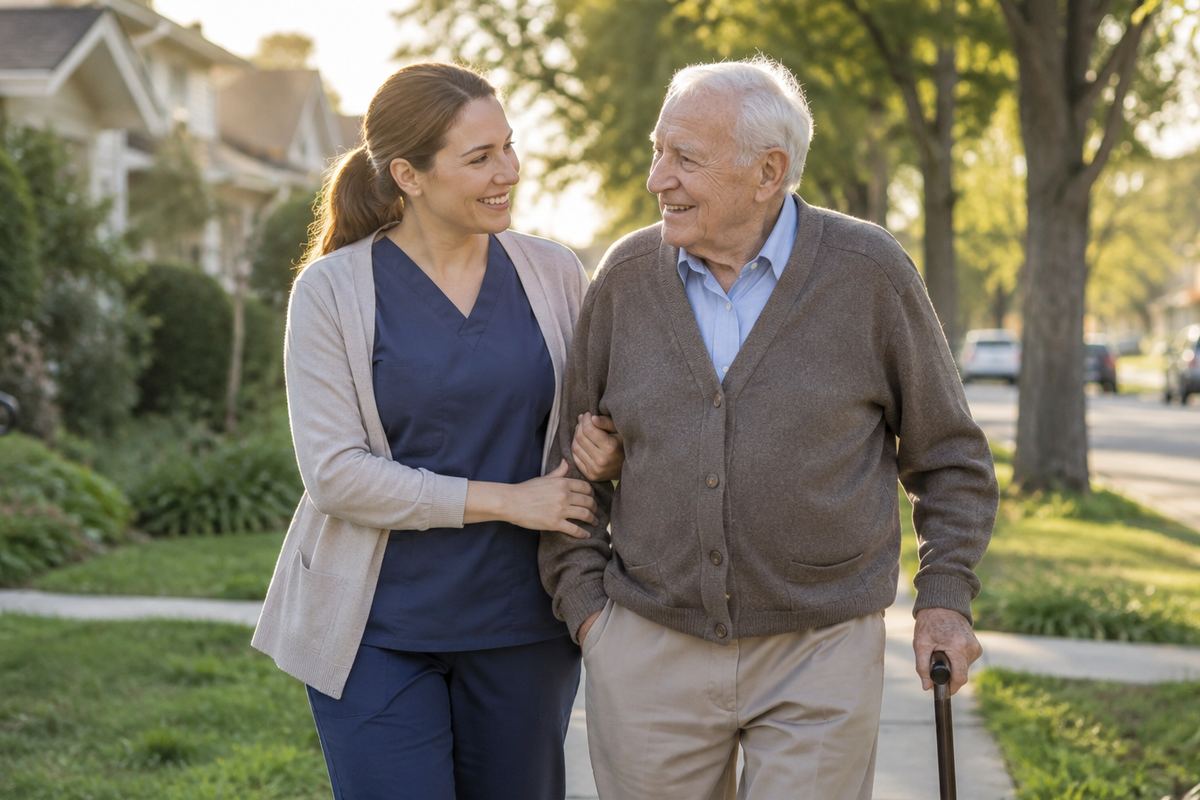Caregiver walking arm in arm with older man on a tree-lined sidewalk, Los Angeles County caregivers supporting elderly care