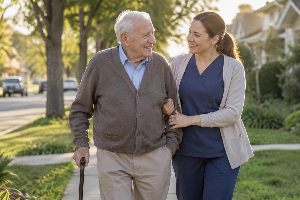 Caregiver walking arm in arm with older man on a tree-lined sidewalk, Redondo Beach senior home care