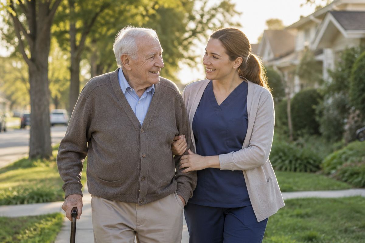 Caregiver walking arm in arm with older man on a tree-lined sidewalk in Ramsey County