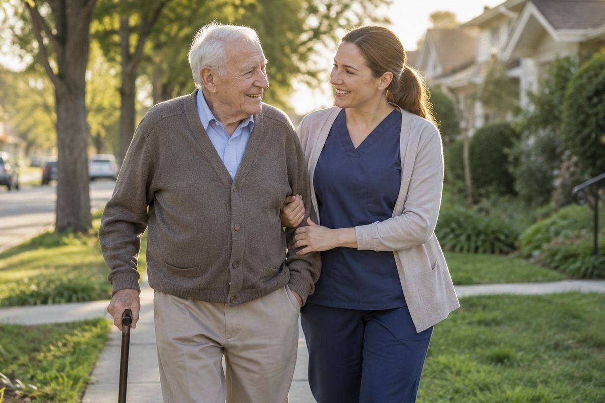 Caregiver walking arm in arm with older man on a tree-lined sidewalk, Bexar County caregivers supporting daily walks