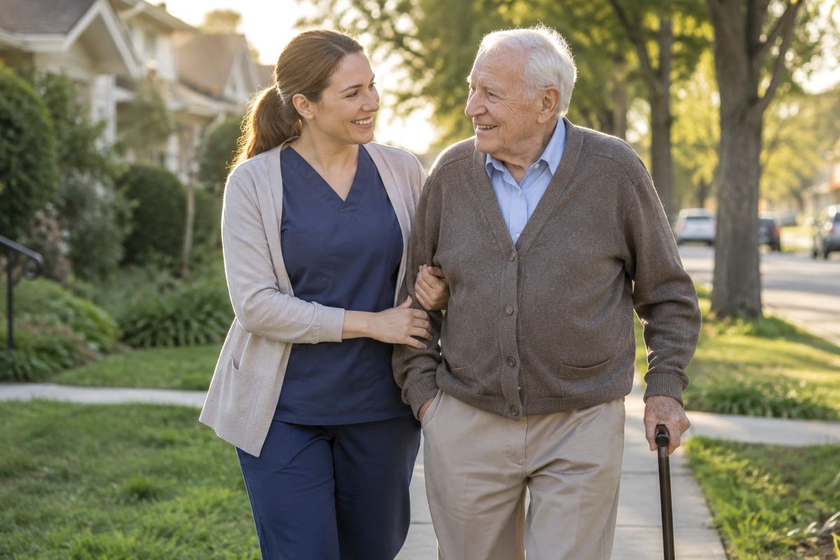 Caregiver walking arm in arm with older man on a tree-lined sidewalk during in-home care near San Pedro