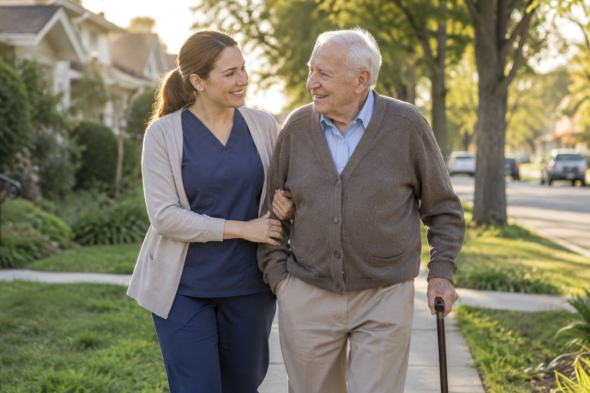 Caregiver walking arm in arm with older man on a tree-lined sidewalk, Los Angeles County caregivers