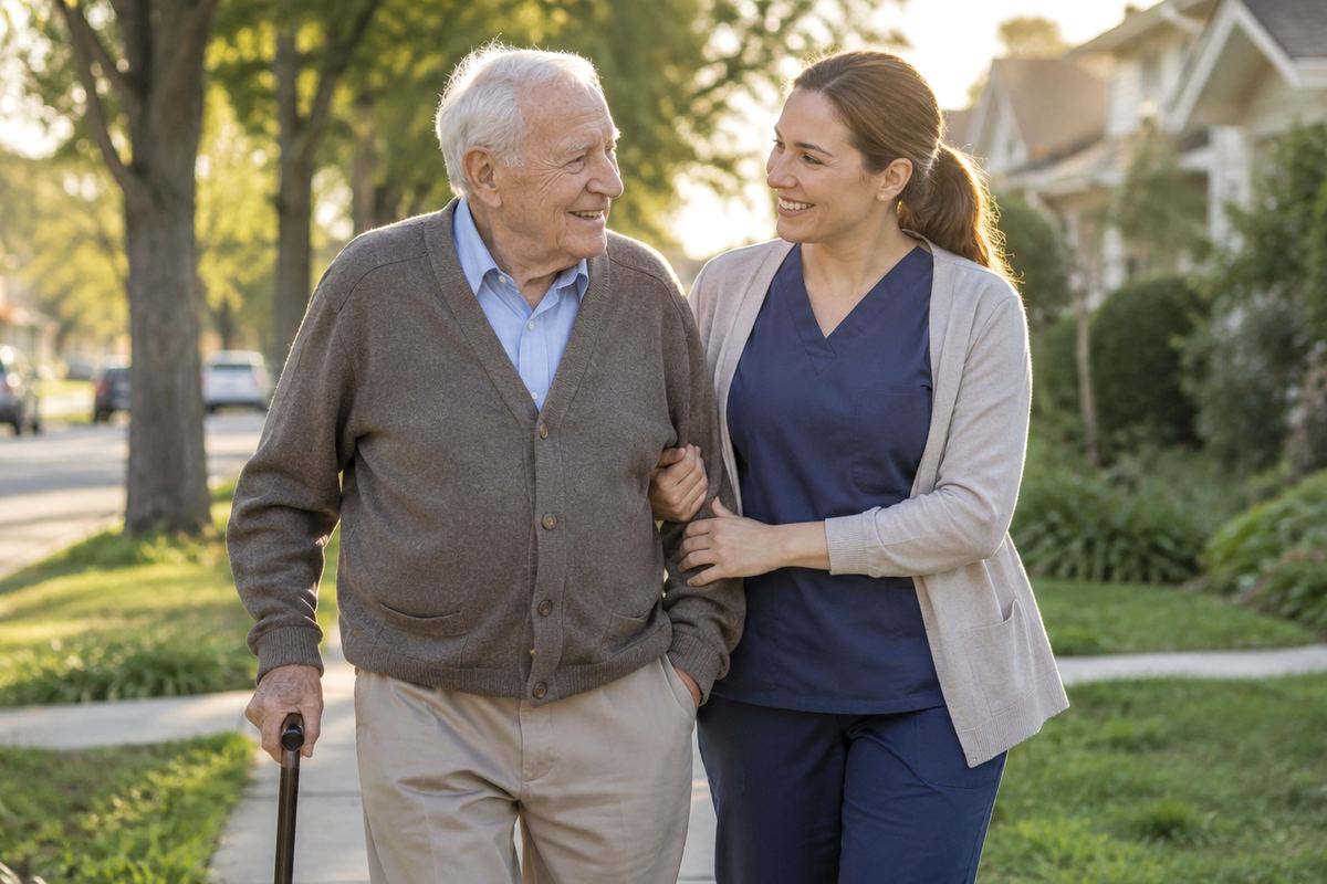 Caregiver walking arm in arm with older man on a tree-lined sidewalk, in-home care in Schertz