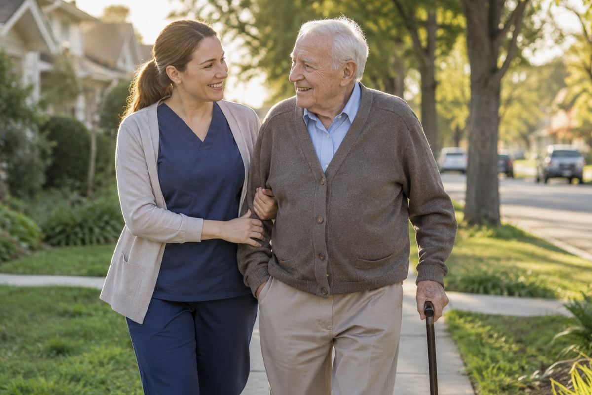 Caregiver walking arm in arm with older man on a tree-lined sidewalk, Scottsdale senior home care