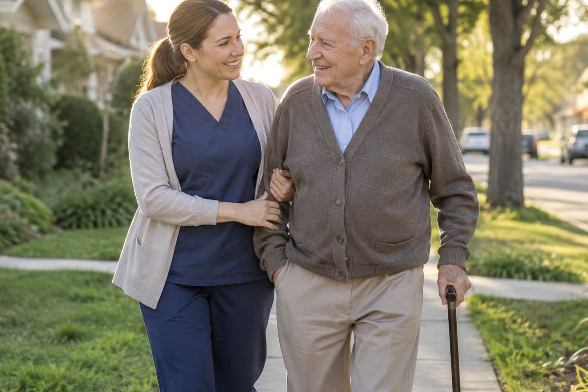 Caregiver walking arm in arm with older man on a tree-lined sidewalk, Guadalupe County caregivers at work
