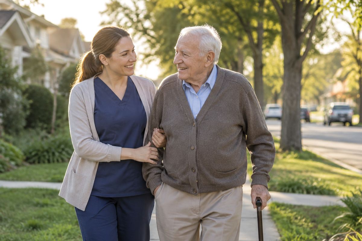Caregiver walking arm in arm with older man on a tree-lined sidewalk, senior home care Spring Branch TX