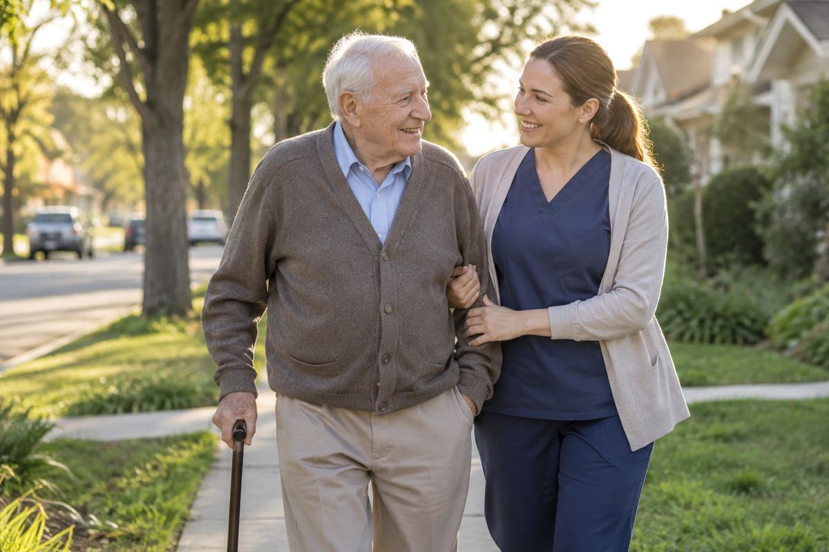 Caregiver walking arm in arm with older man on a tree-lined sidewalk in Spring, Texas