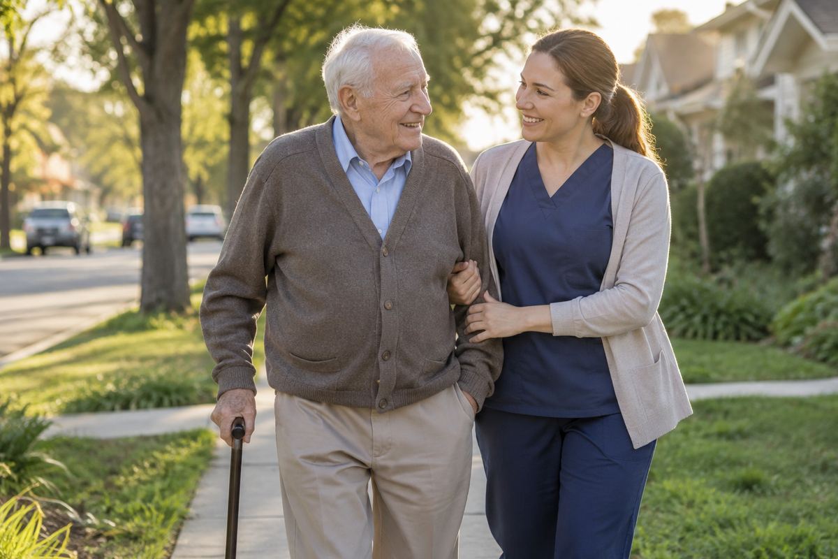 Caregiver walking arm in arm with older man on a tree-lined sidewalk, Harris County caregivers supporting daily walks