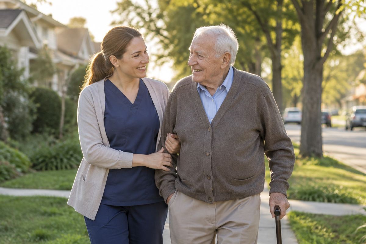 Caregiver walking arm in arm with older man on a tree-lined sidewalk, elderly care near Torrance