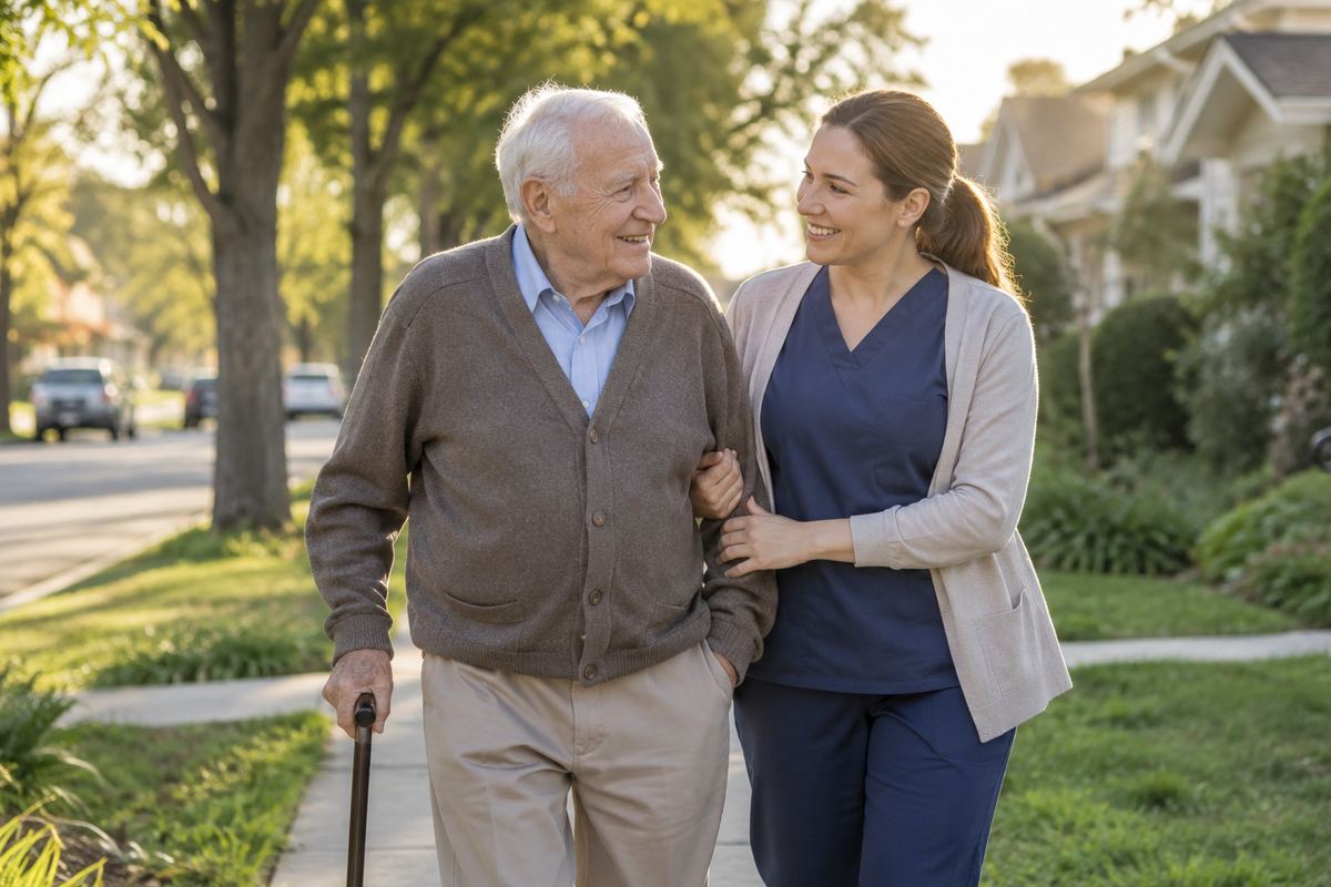 Caregiver walking arm in arm with older man on a tree-lined sidewalk, Los Angeles County caregivers in action