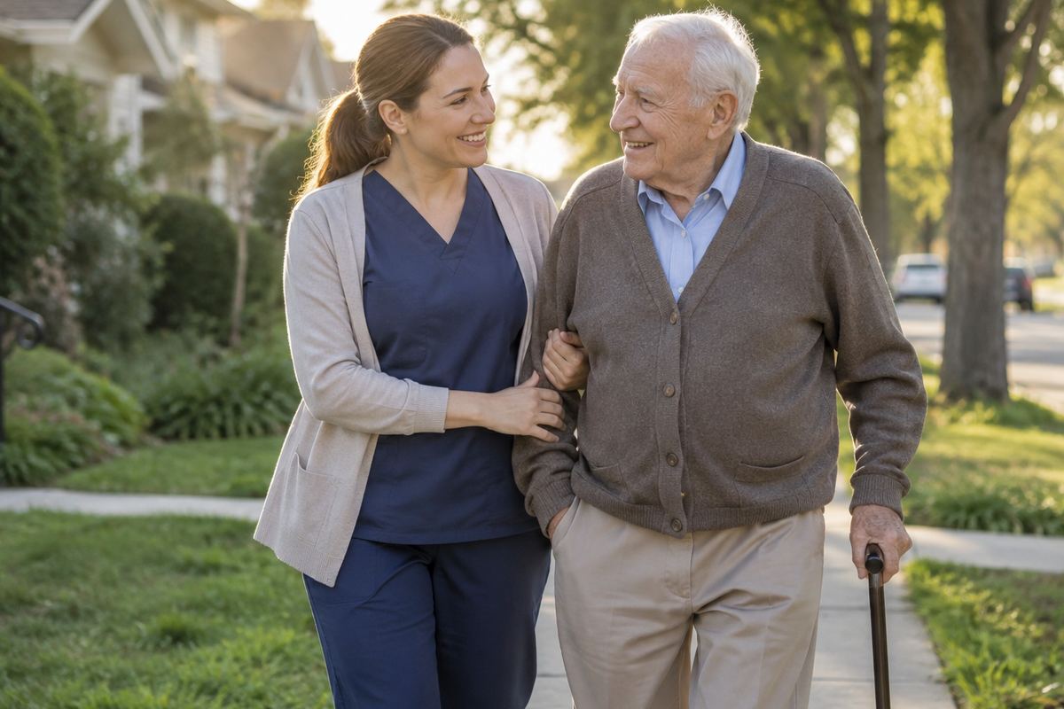 Caregiver walking arm in arm with older man, Los Angeles County caregivers supporting daily walks locally