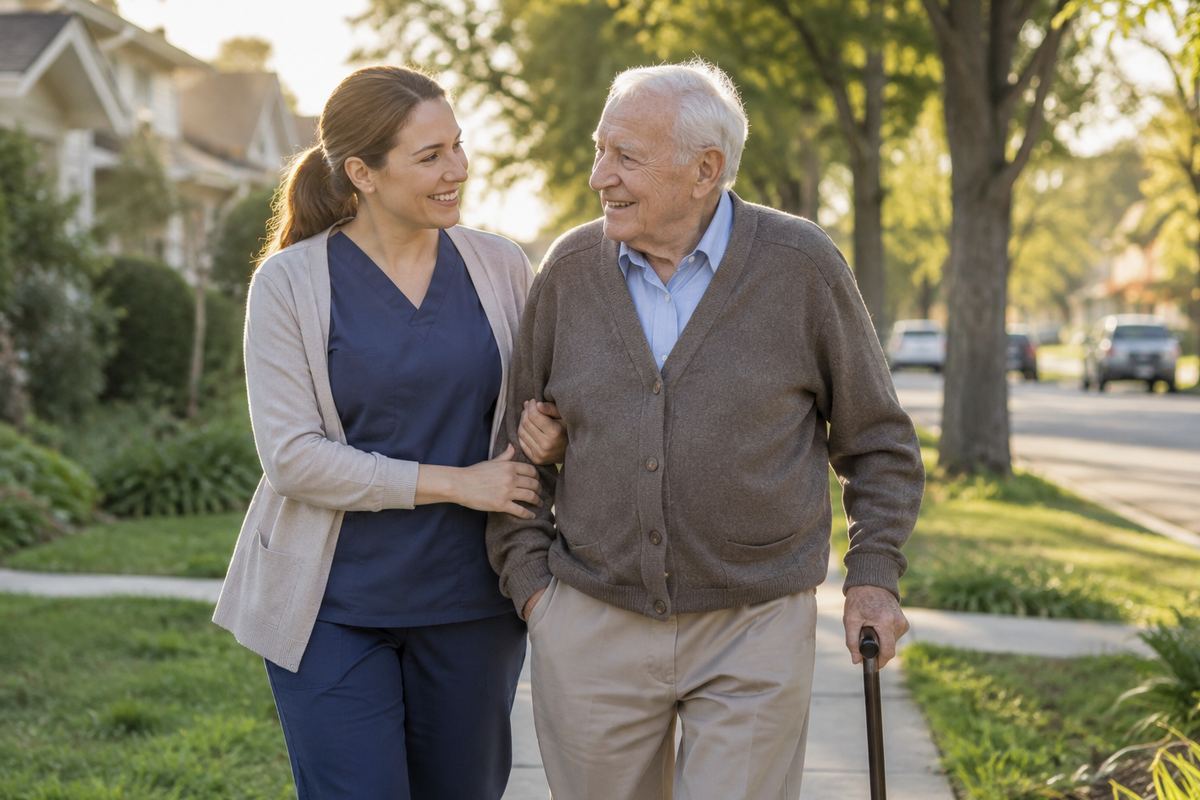 Caregiver walking arm in arm with older man on a tree-lined sidewalk, Woodland Hills senior home care
