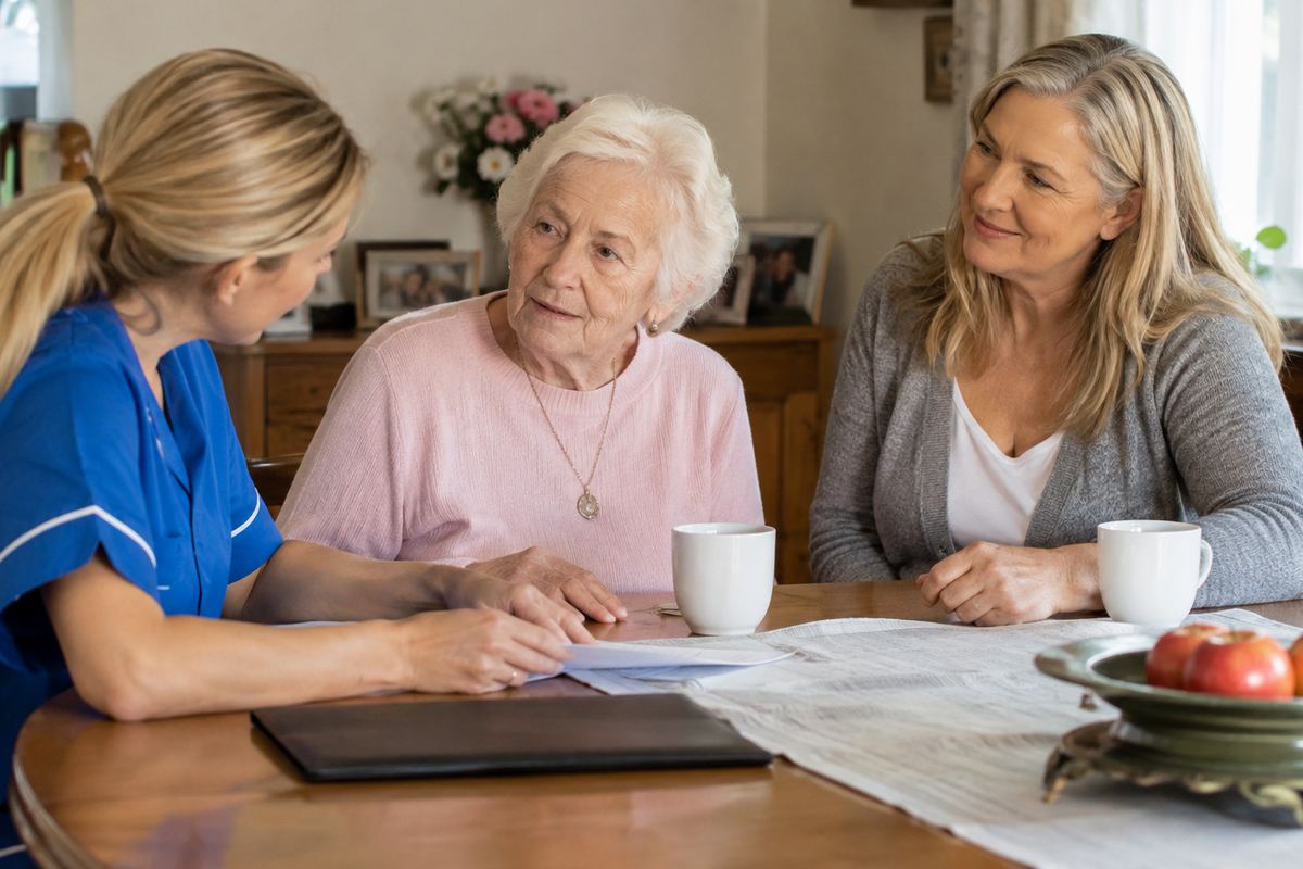 Daughter, caregiver, and older mother reviewing a care plan, in-home support families trust in Kendall County