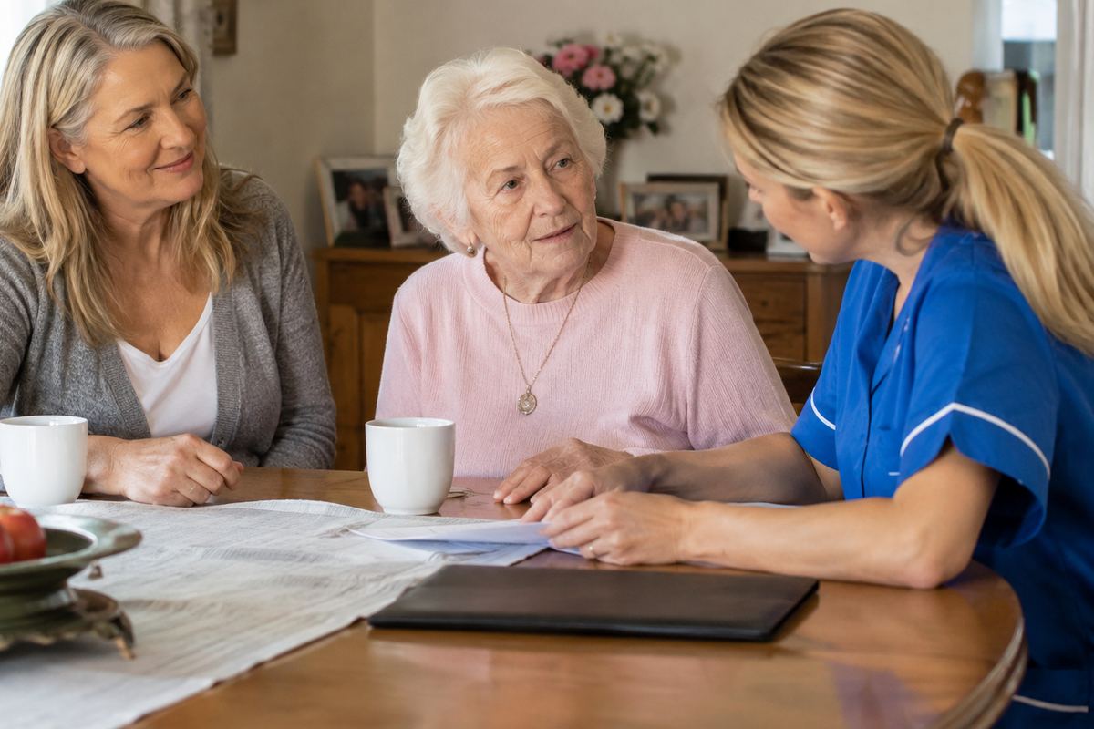 Daughter, caregiver and older mother reviewing a care plan at a table, Comal County caregivers