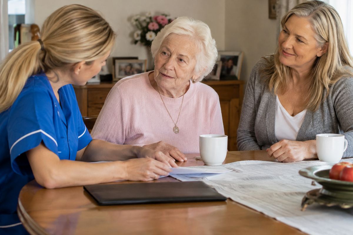 Daughter, caregiver, and older mother reviewing a care plan at a table in Los Angeles County
